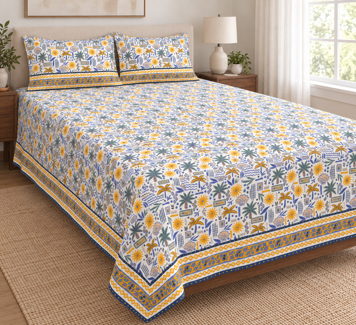 Palm Bay Sunburst Tropical Print Cotton Double Bedsheet with 2 Pillow Covers