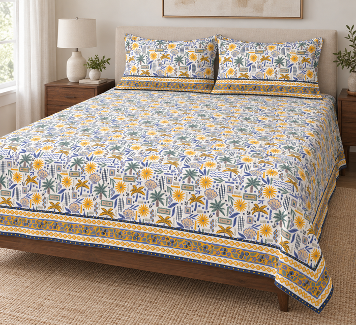 Palm Bay Sunburst Tropical Print Cotton Double Bedsheet with 2 Pillow Covers