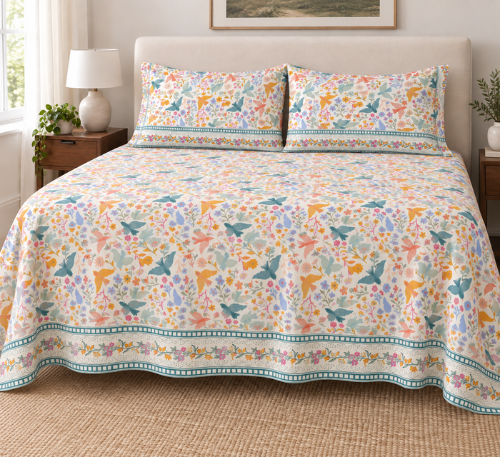 Songbird Spring Meadow Bird Print Cotton Double Bedsheet with 2 Pillow Covers