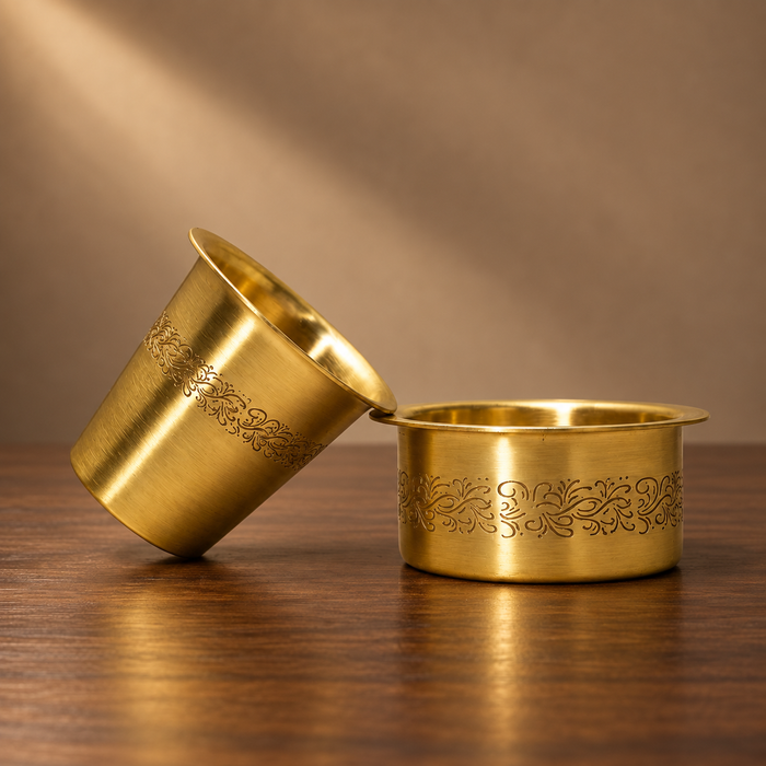 Brass Floral Engraved Dabra Set with Tumbler & Bowl
