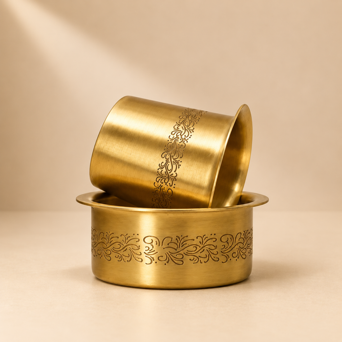 Brass Floral Engraved Dabra Set with Tumbler & Bowl