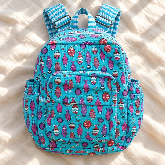 Turquoise Fish Print Kinder Multipurpose Kids Backpack – Quilted Cotton