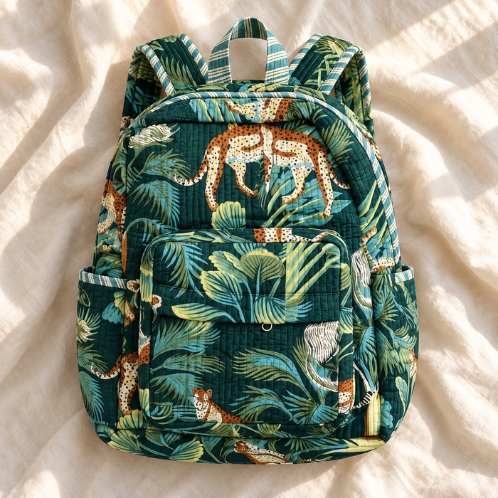 Green Jungle Print Kinder Multipurpose Kids Backpack – Quilted Cotton