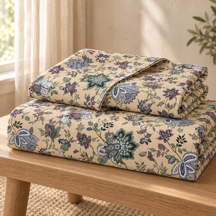 Jacobean Sage Floral Cotton King Size Bedsheet with 2 Pillow Covers – 100 x 108 Inches
