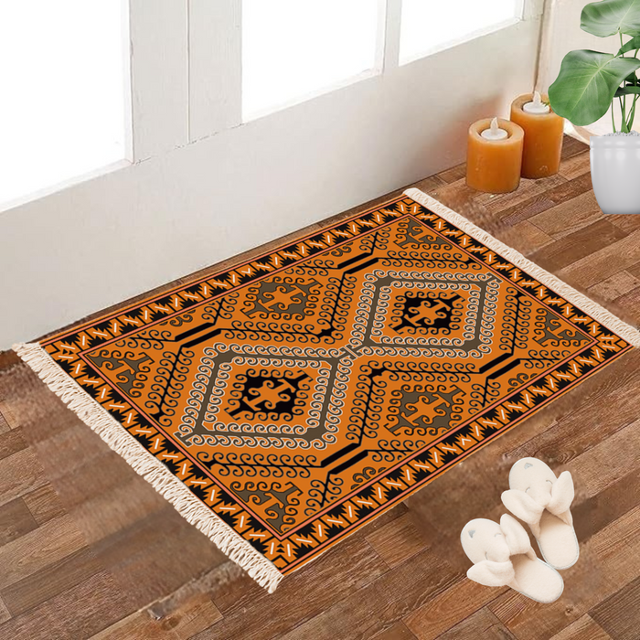 Mustard, orange, and black Dhurrie rug with a geometric kilim pattern and scroll border, poly silk, 2x3 feet