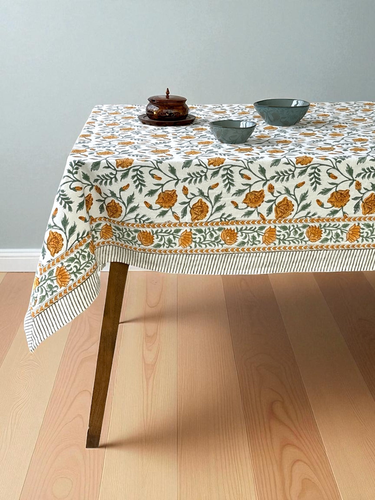 Summer Flowers Block Printed Rectangle Table Cloth – 6 Seater