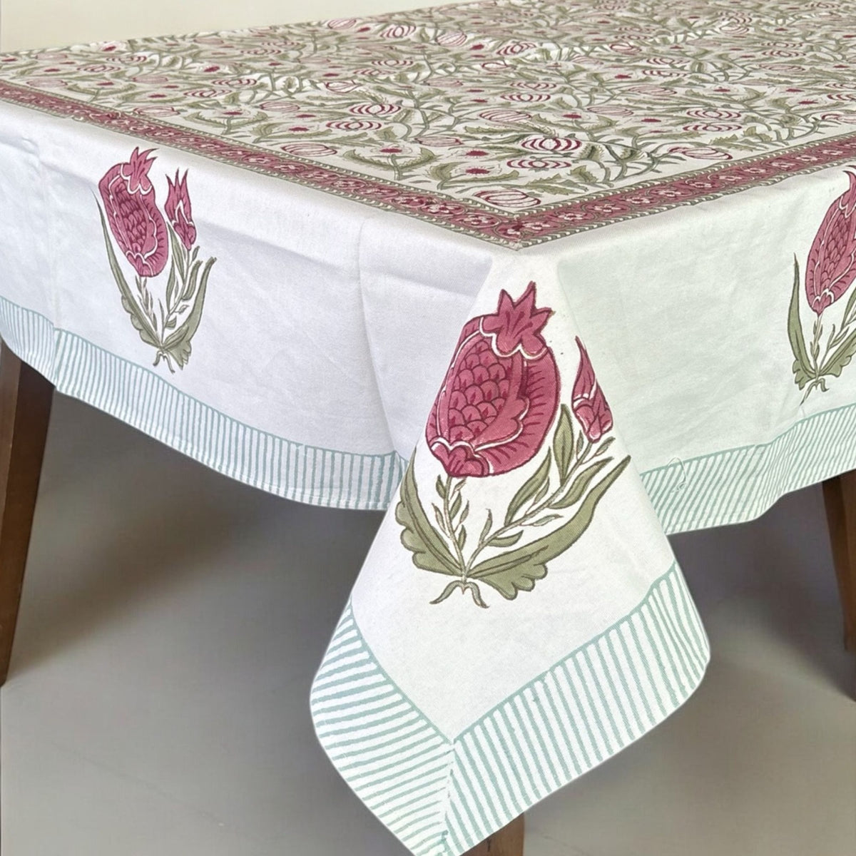 Blush Pomegranate Block Printed Rectangle Table Cloth – 6 Seater