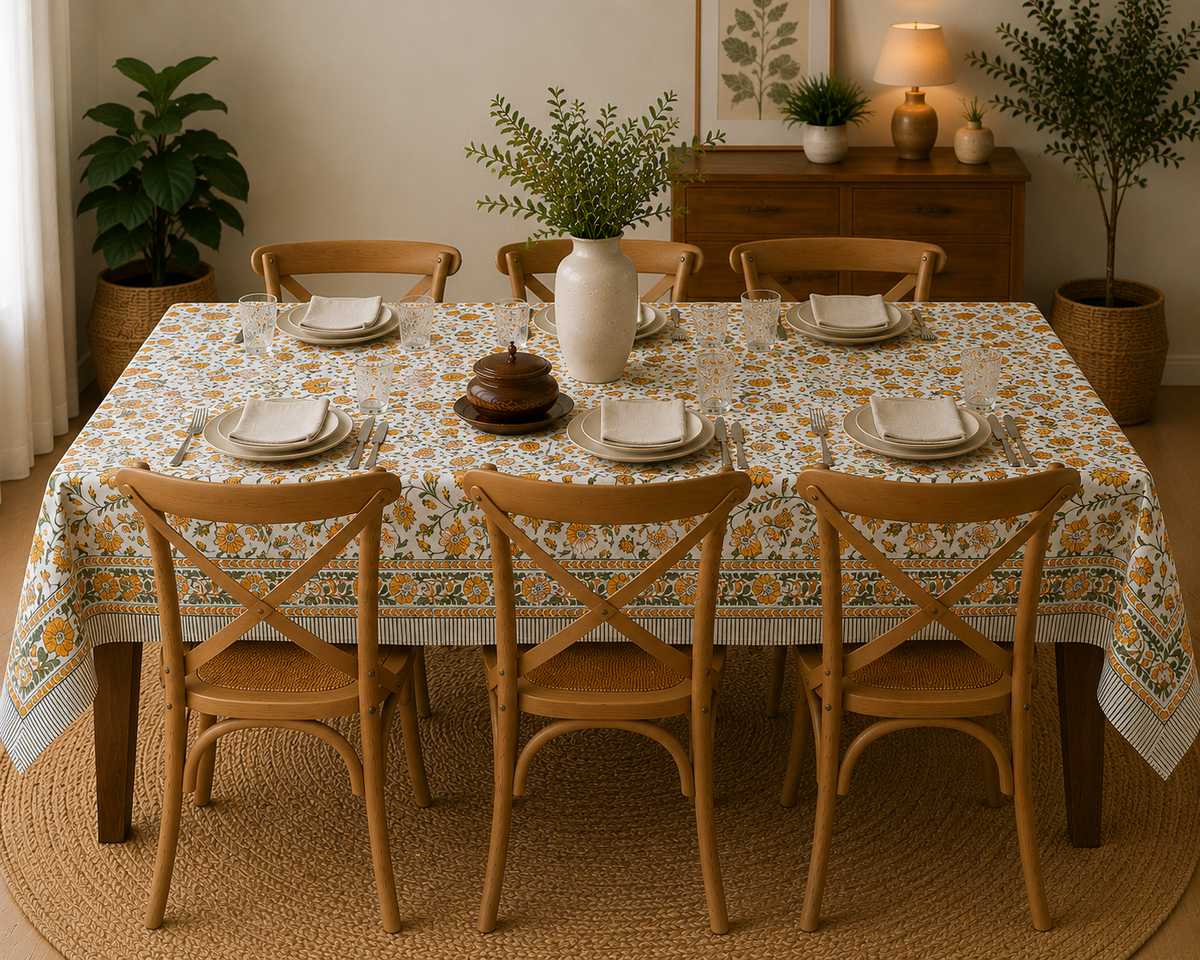 Summer Flowers Block Printed Rectangle Table Cloth – 6 Seater