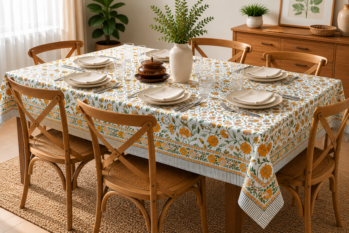 Summer Flowers Block Printed Rectangle Table Cloth – 6 Seater
