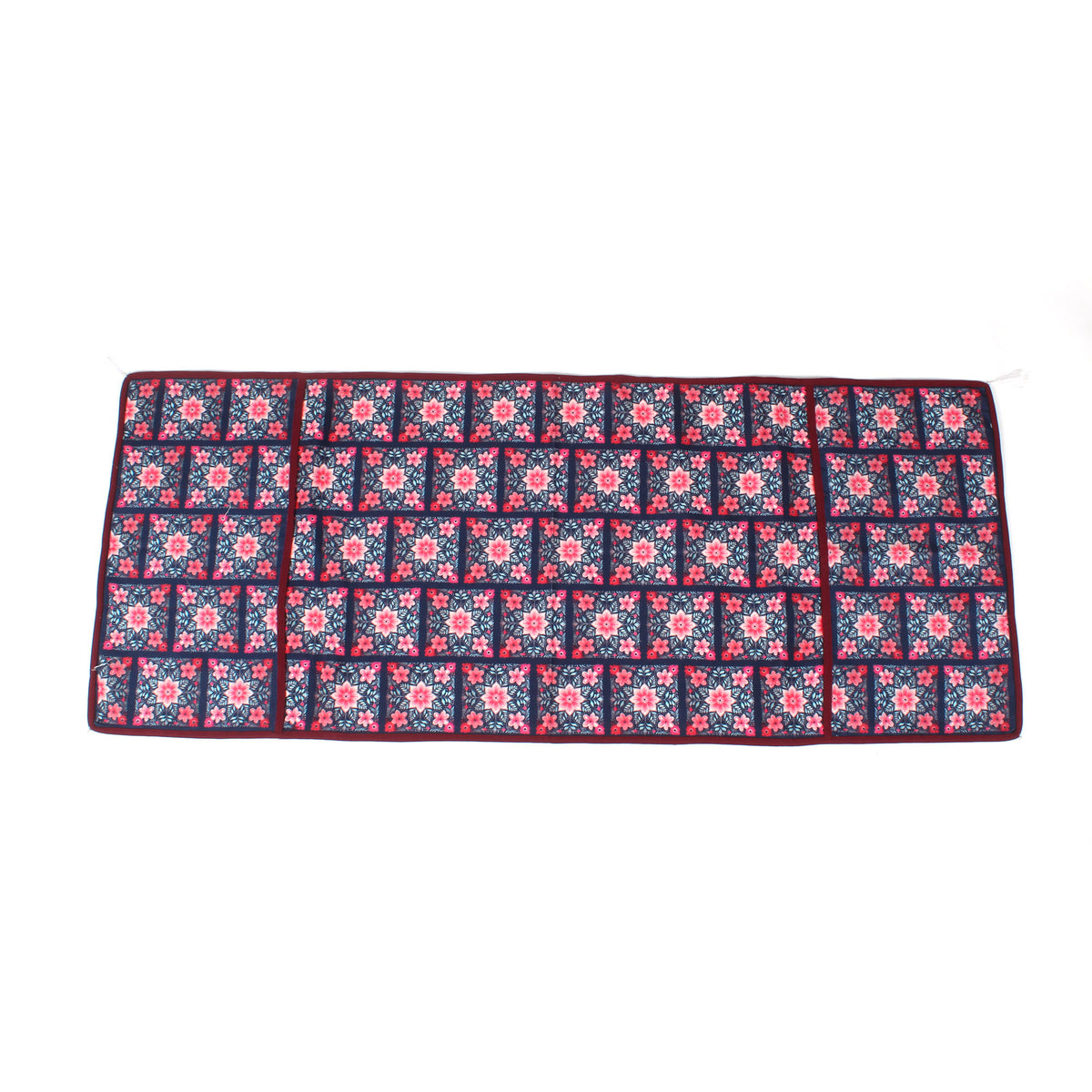 Pink and white floral tile print fridge cover shown fully unfolded and laid flat