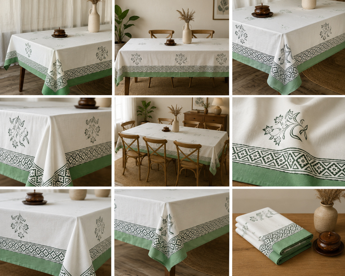 White tablecloth with a sage-green floral block print border and diamond lattice trim, styled in a dining room setting