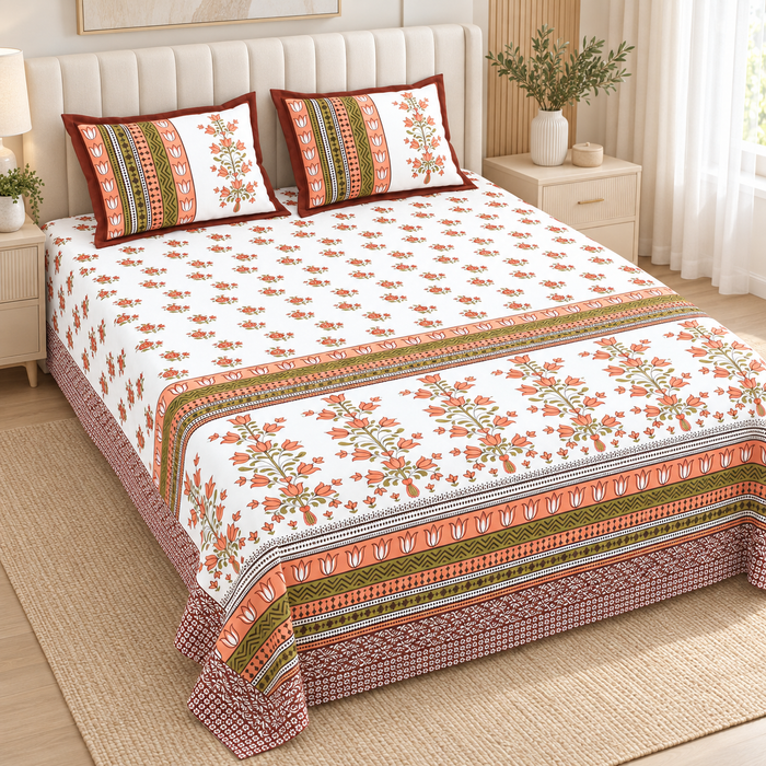 Coral Tulip Bouquet Cotton King Size Bedsheet with 2 Pillow Covers – 108 x 108 Inches