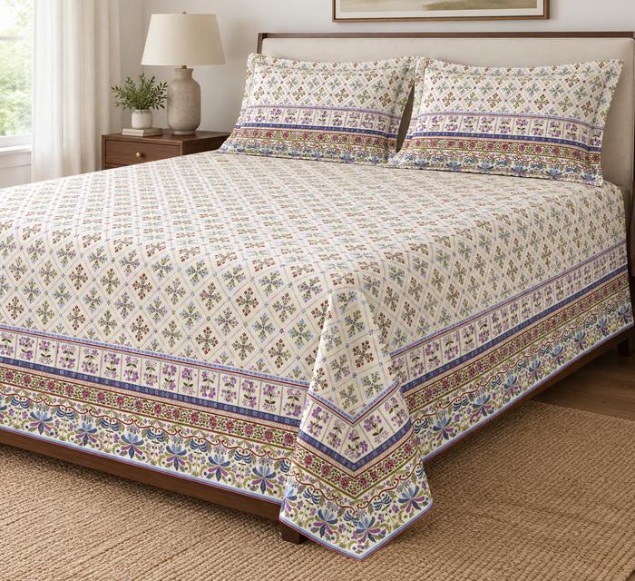 Lavender Durbar Trellis Floral Cotton Double Bedsheet with 2 Pillow Covers