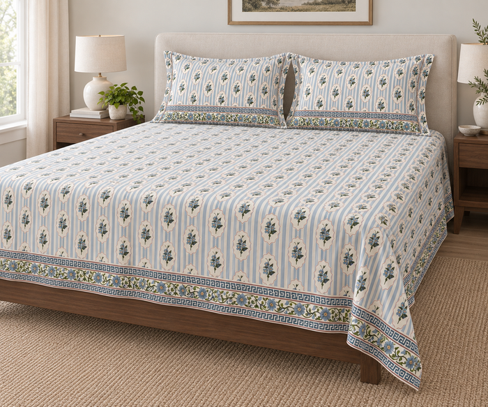 Azure Cameo Stripe Blue Floral Cotton Double Bedsheet with 2 Pillow Covers