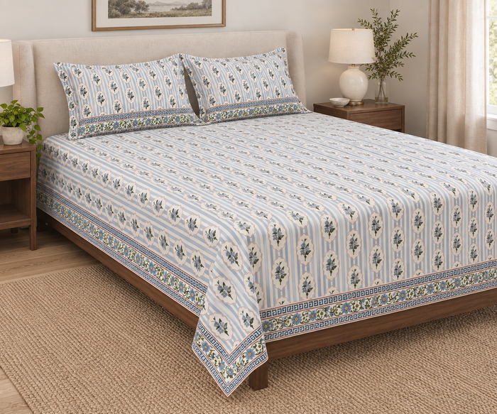 Azure Cameo Stripe Blue Floral Cotton Double Bedsheet with 2 Pillow Covers