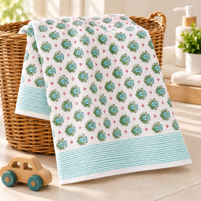 Green Turtle Print Hand Block Printed Kids Bath Towel – Waffle Cotton
