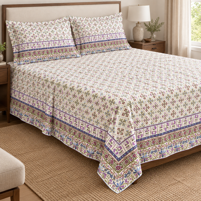 Lavender Durbar Trellis Floral Cotton Double Bedsheet with 2 Pillow Covers