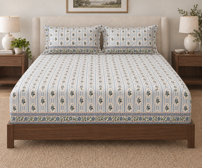 Azure Cameo Stripe Blue Floral Cotton Double Bedsheet with 2 Pillow Covers