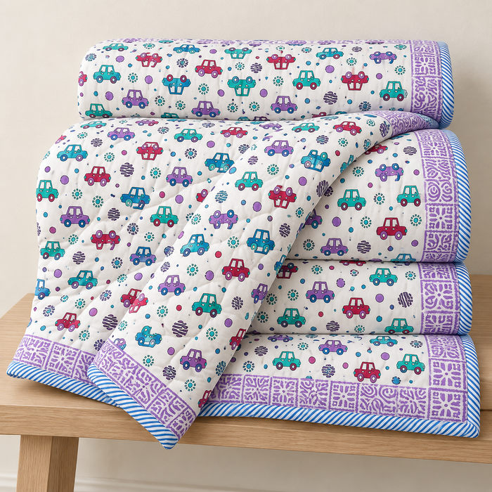 Colourful Cars Print Soft Malmal Kids Single Bed Razai – 100% Cotton