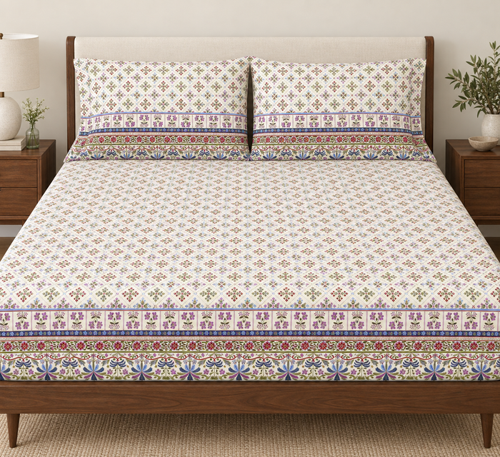 Lavender Durbar Trellis Floral Cotton Double Bedsheet with 2 Pillow Covers