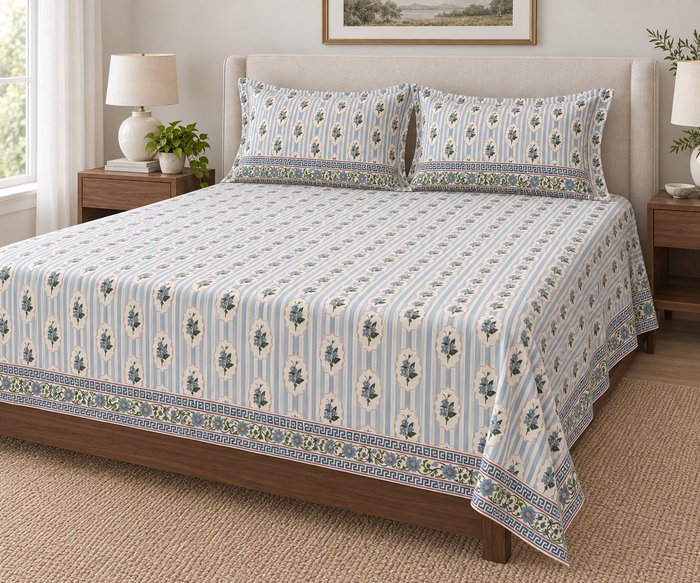 Azure Cameo Stripe Blue Floral Cotton Double Bedsheet with 2 Pillow Covers