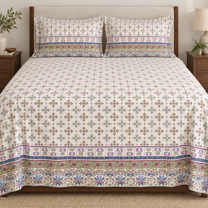 Lavender Durbar Trellis Floral Cotton Double Bedsheet with 2 Pillow Covers