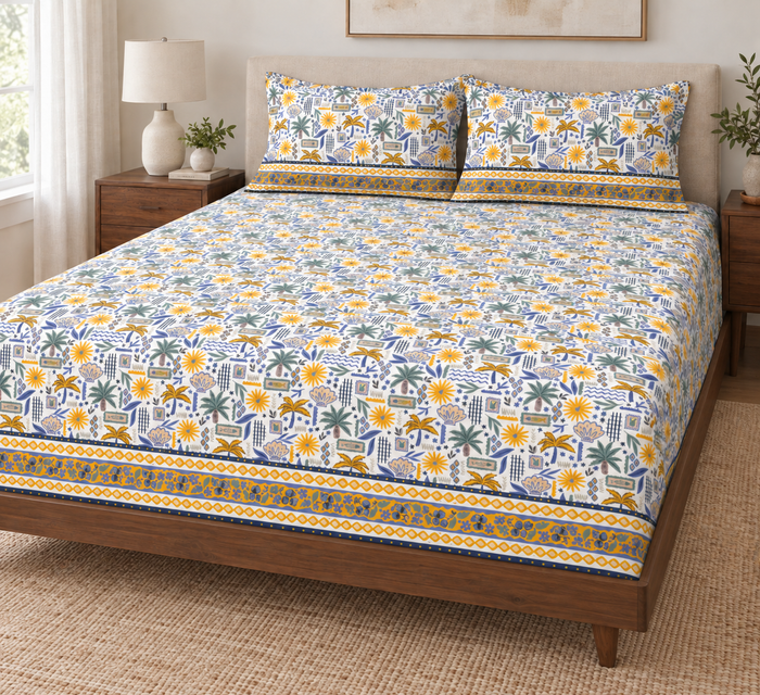 Palm Bay Sunburst Tropical Print Cotton Double Bedsheet with 2 Pillow Covers