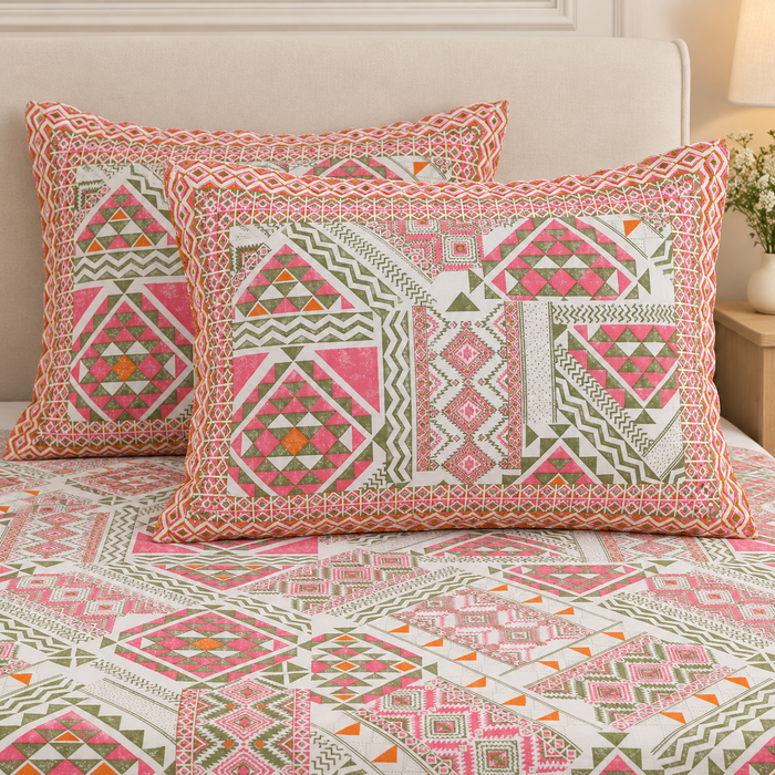 Pink Geometric Patchwork Cotton King Size Bedsheet with 2 Pillow Covers – 108 x 108 Inches