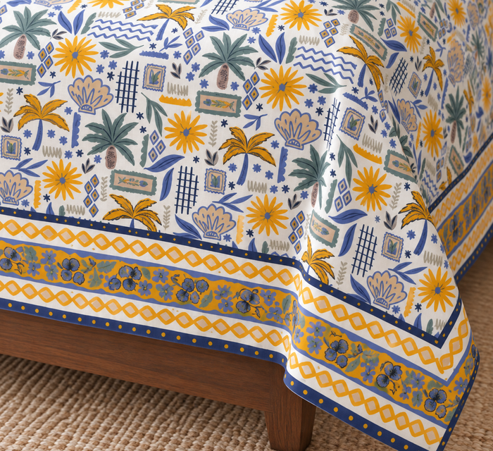 Palm Bay Sunburst Tropical Print Cotton Double Bedsheet with 2 Pillow Covers
