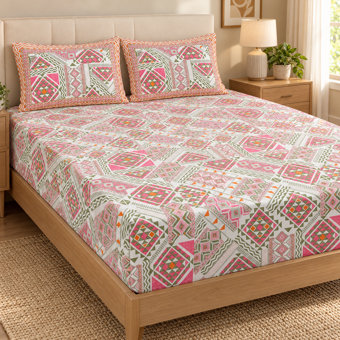 Pink Geometric Patchwork Cotton King Size Bedsheet with 2 Pillow Covers – 108 x 108 Inches