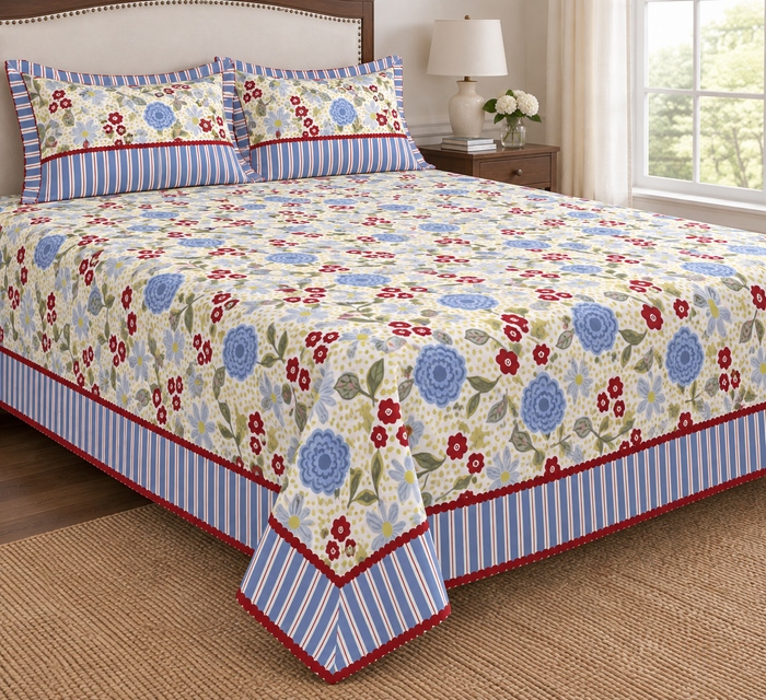 Cornflower Picnic Bloom Blue Floral Cotton Double Bedsheet with 2 Pillow Covers