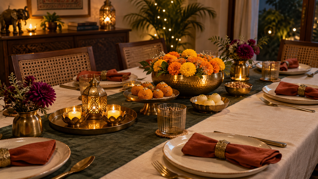 Diwali table styling concept with cream linen, marigolds, mithai and warm decorative lights