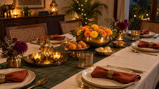 Diwali table styling concept with cream linen, marigolds, mithai and warm decorative lights