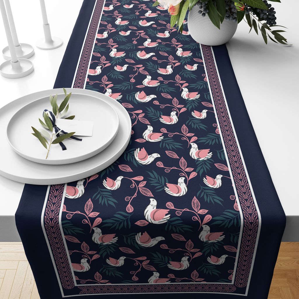 Bloomy Bird Blue| Table Linen/ Table Runner| Premium Quality| Kitchen Linen image 1