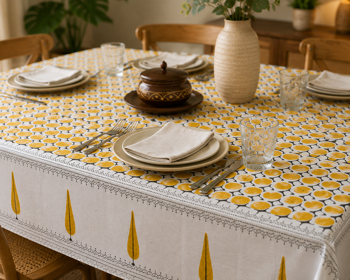Yellow Block Printed Rectangle Table Cloth – 6 Seater