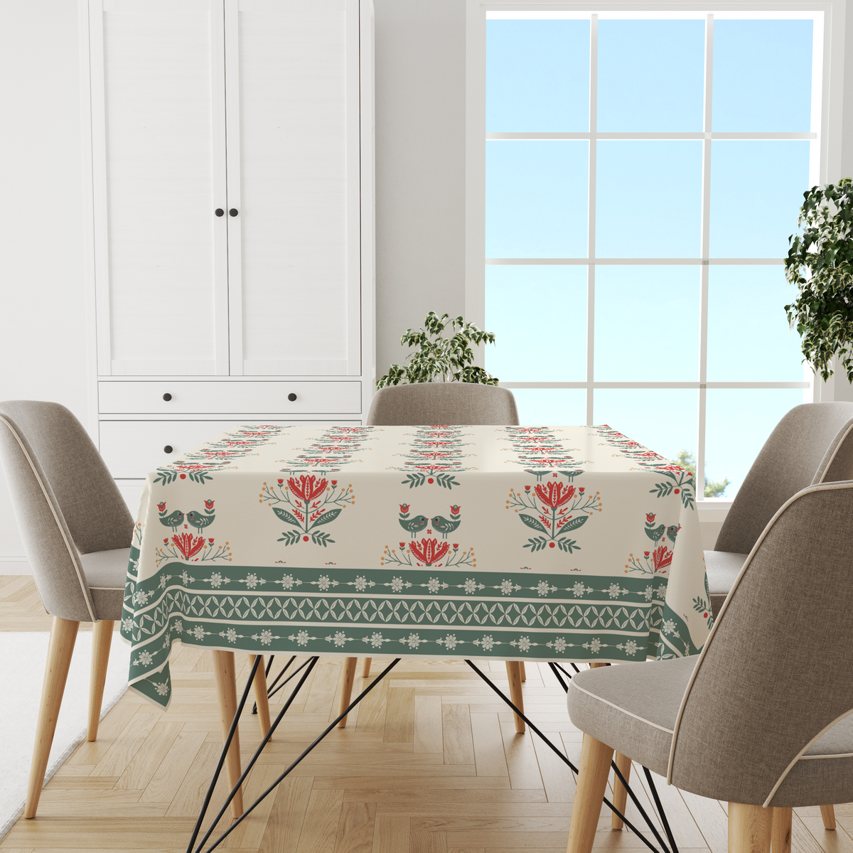 Birds Minimal table Cloth for 6 Seater Dining Table