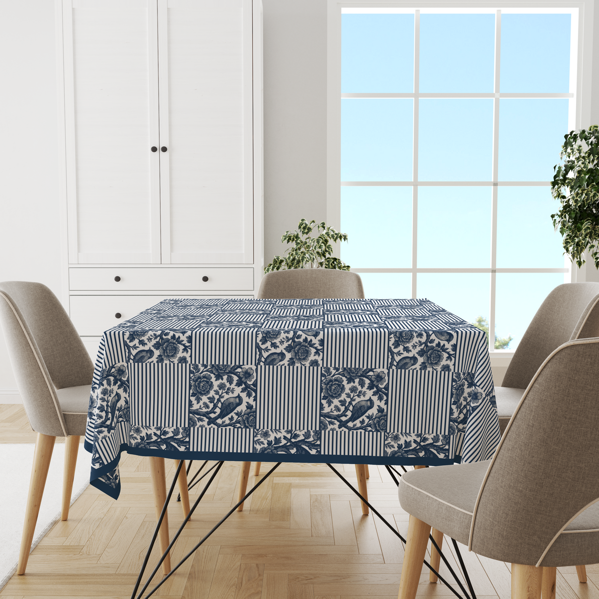 Blue Strips Table Cloth for 8 Seater Dining Table | Digital Print