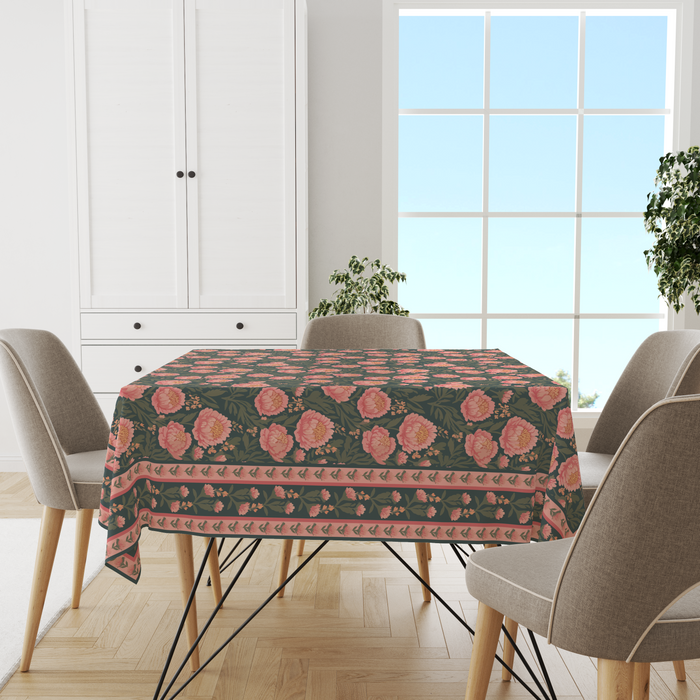 Green Flowers Table Cloth for 8 Seater Dining Table | Digital Print