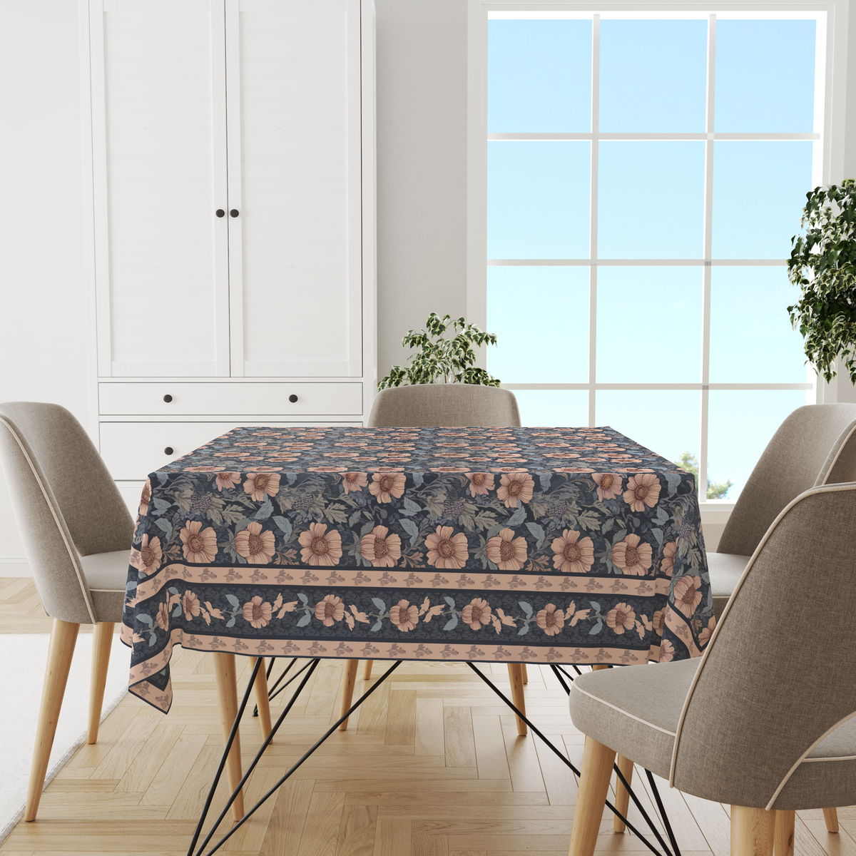 Blue Flowers Table Cloth for 6 Seater Dining Table