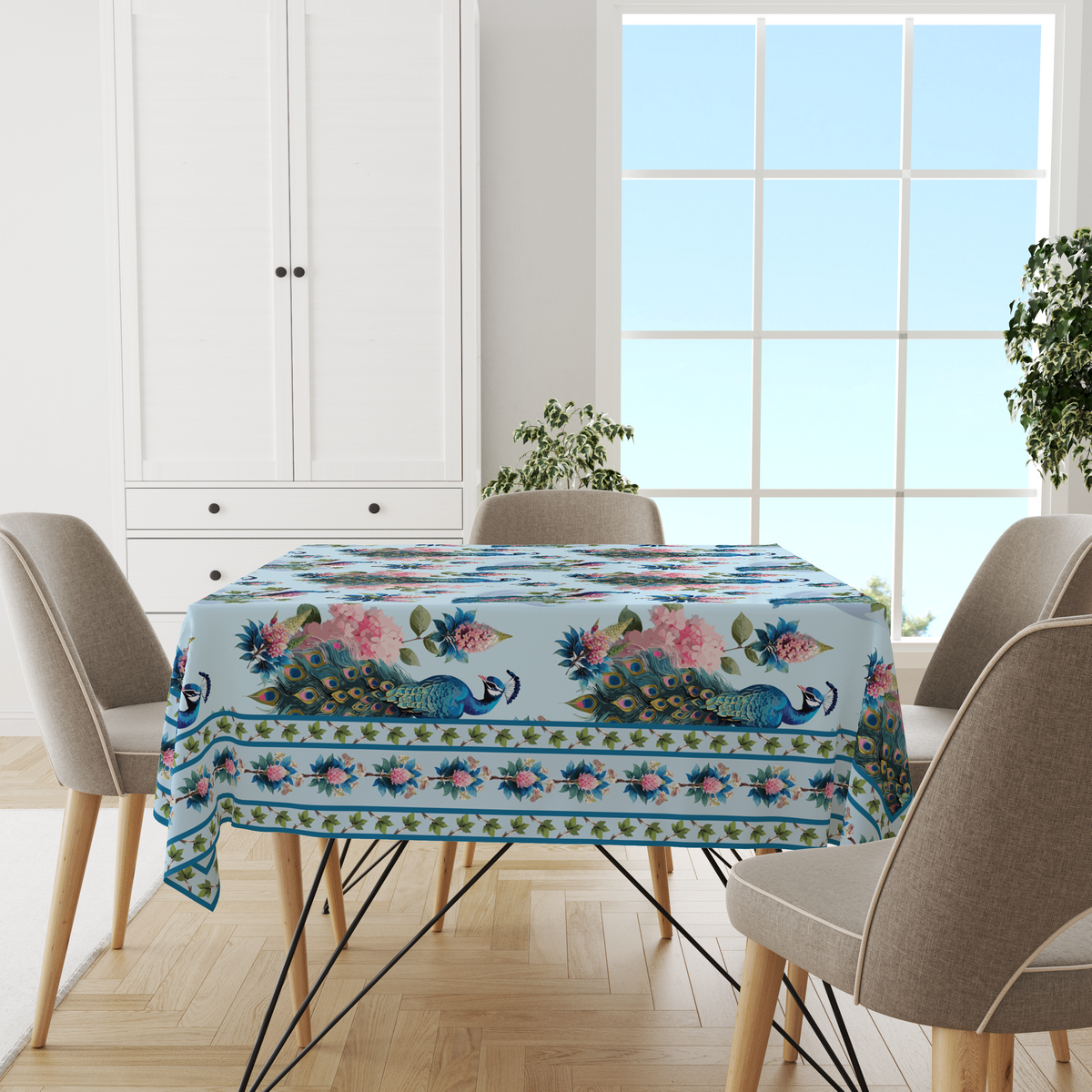 Peacock Table Cloth for 6 Seater Dining Table