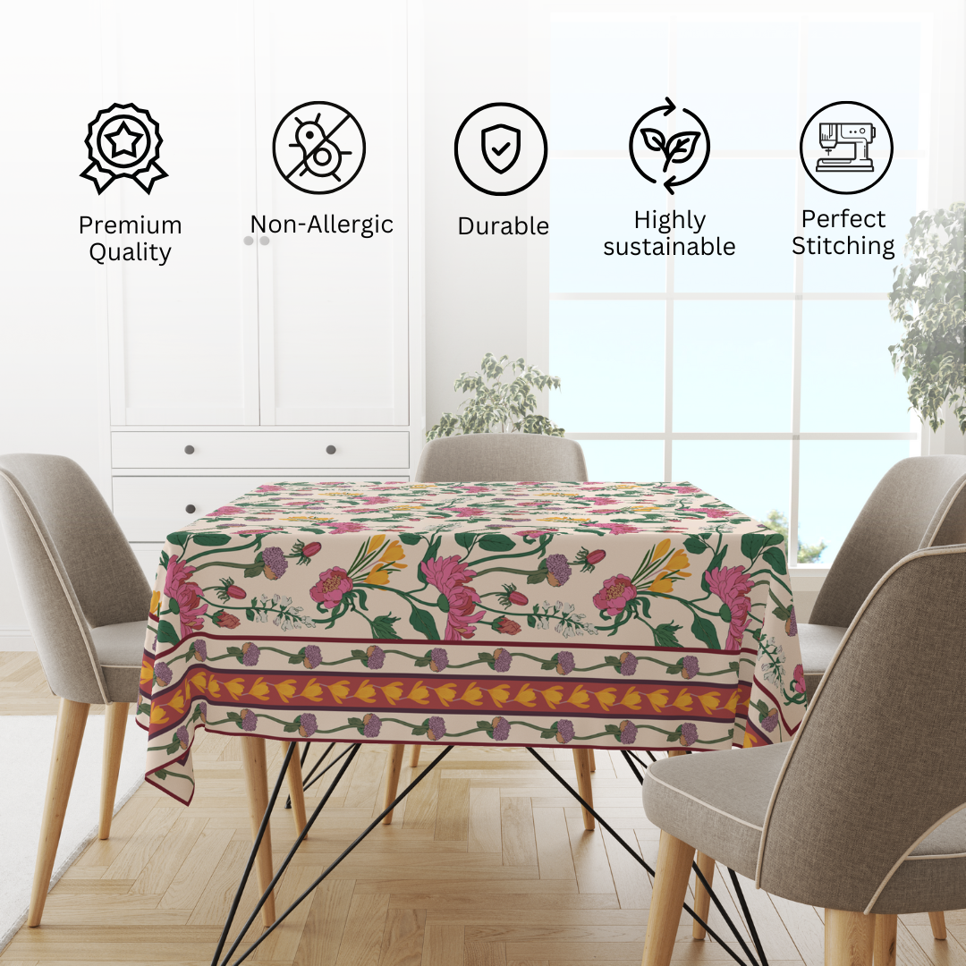 Pink Floral Table Cloth for 6 Seater Dining Table