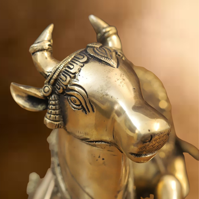 Brass Nandi Statue, Shiva's Timeless Companion, Fine Golden Finish, 7"