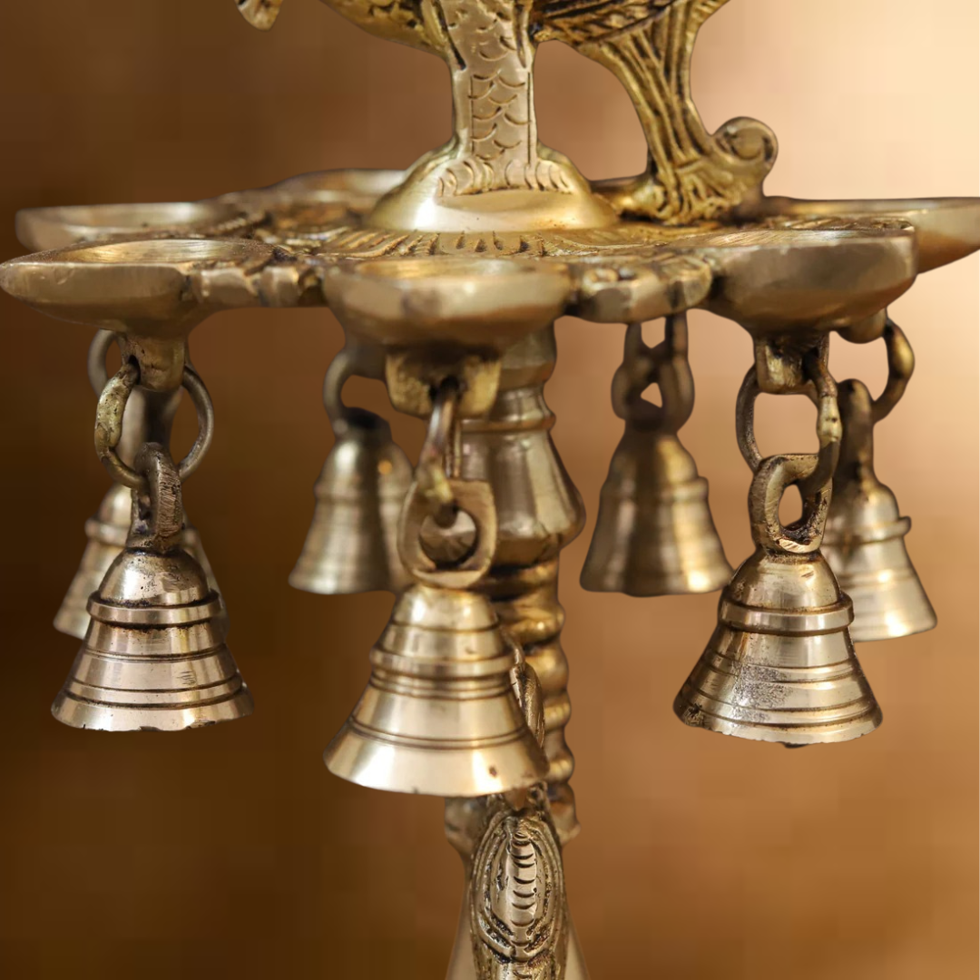 Brass Peacock Diya, with Bells, Fine Golden Finish 16.5"