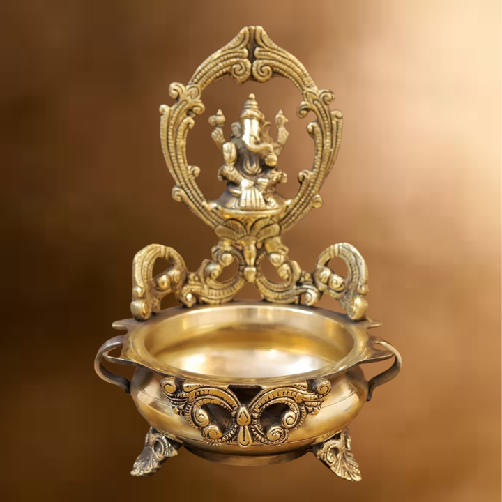 Brass Ganesh Urli, Golden Finish, 10"