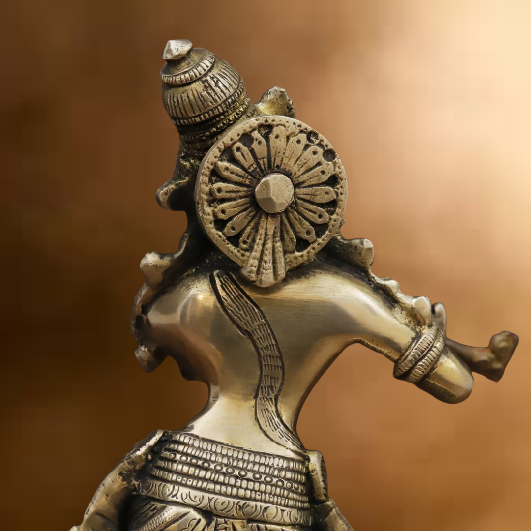 Brass Krishna Idol, Playing Flute Beside Cow, Golden work, 11"