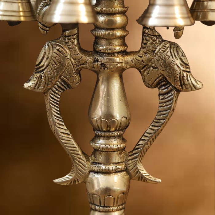 Brass Peacock Diya, with Bells, Fine Golden Finish 16.5"