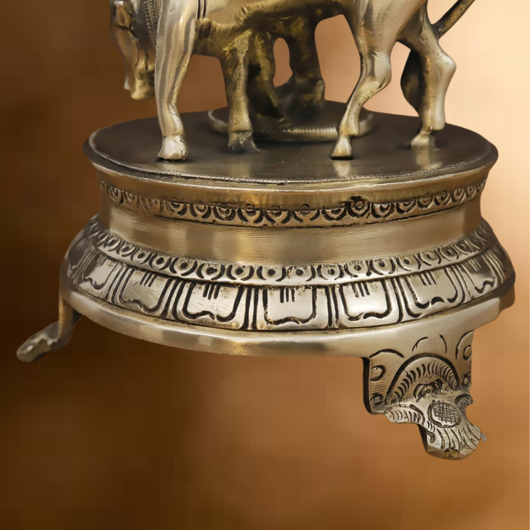 Brass Krishna Idol, Playing Flute Beside Cow, Golden work, 11"