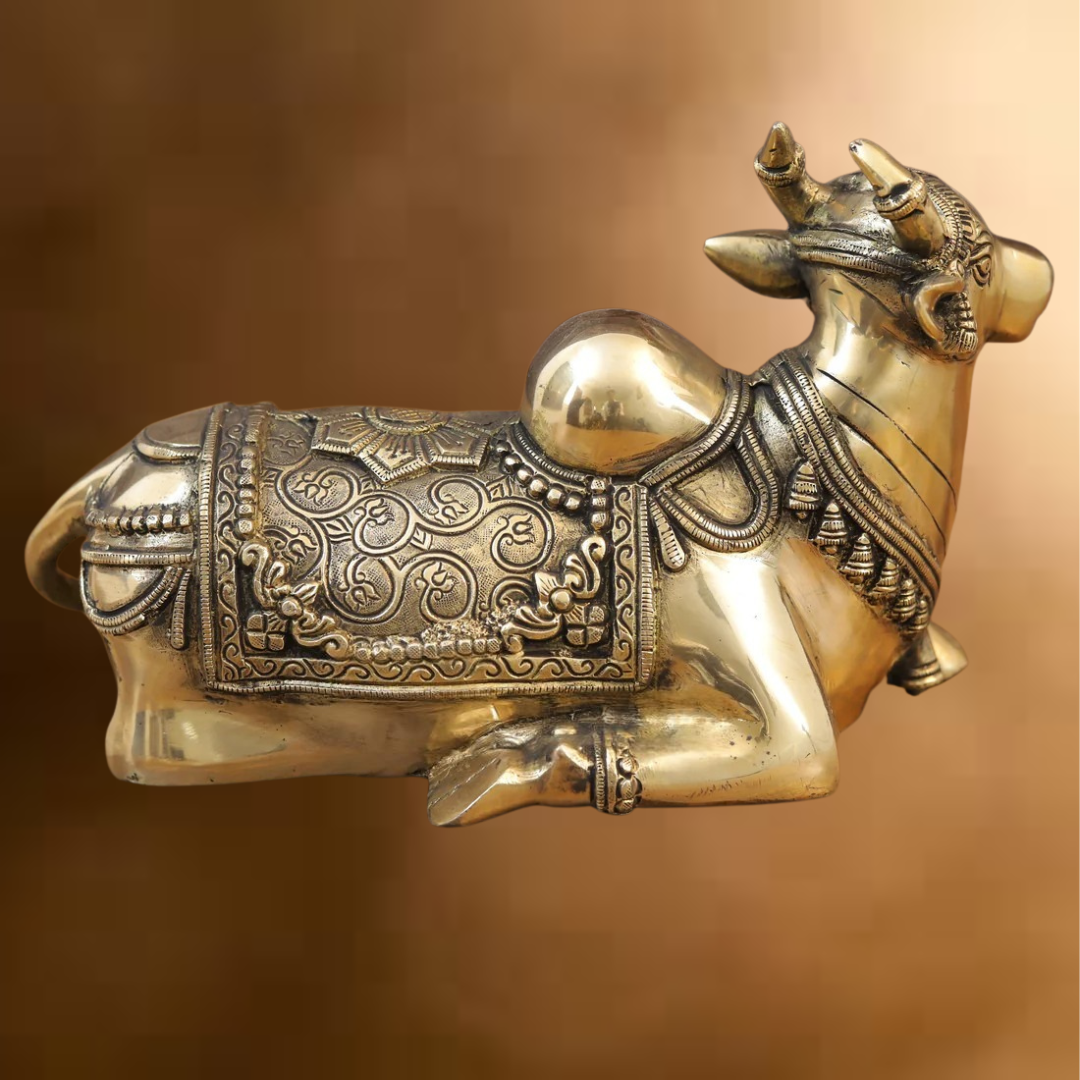 Brass Nandi Statue, Shiva's Timeless Companion, Fine Golden Finish, 7"
