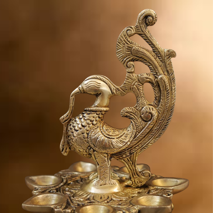 Brass Peacock Diya, with Bells, Fine Golden Finish 16.5"