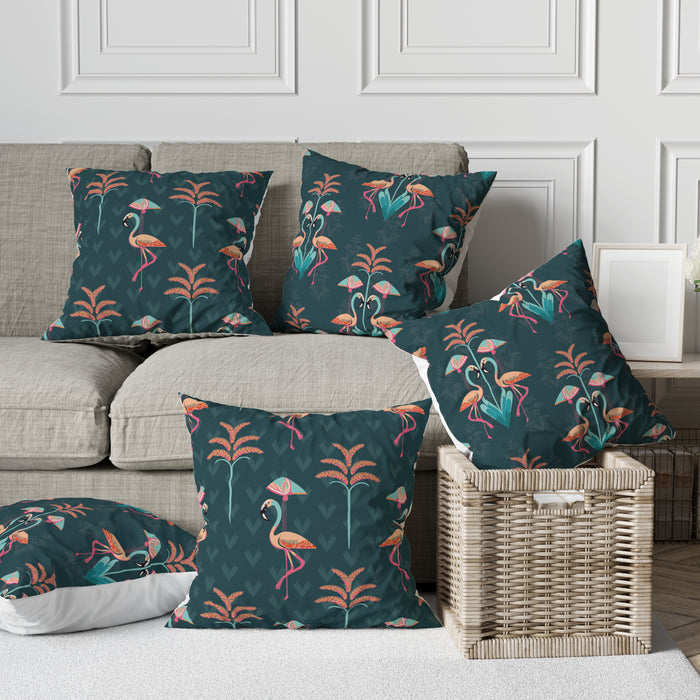 Flamingo Oasis Cushion Cover Set of 5 – 16x16 Inch (Silk Poly Mix)
